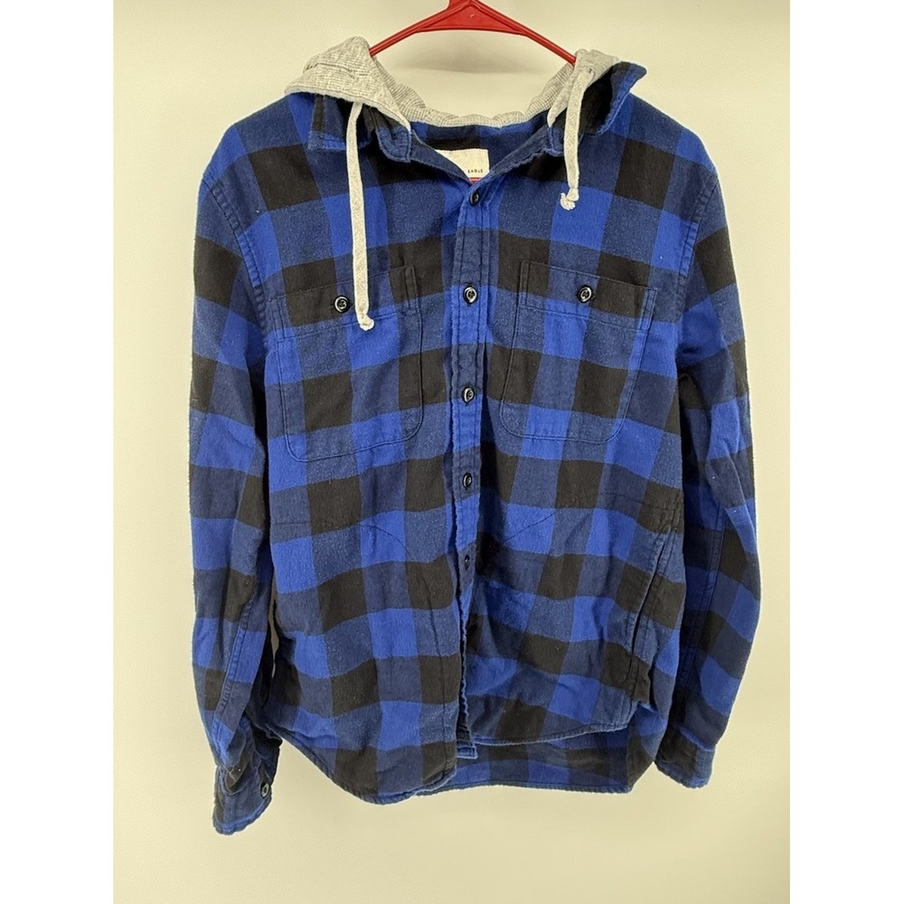 American Eagle Men's M Hooded Flannel Shirt Blue Black Buffalo Plaid Button Up